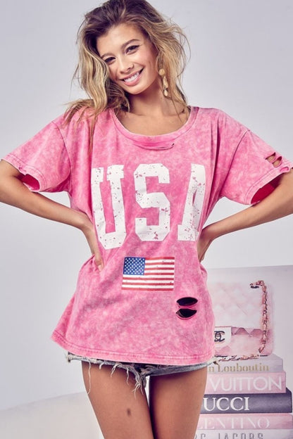 BiBi Washed American Flag Graphic Distressed T-Shirt