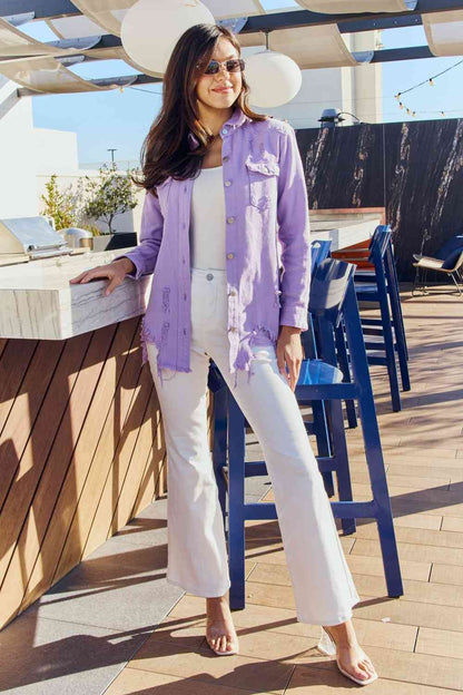 On Or Off Set Distressed Button Down Denim Jacket in Lavender