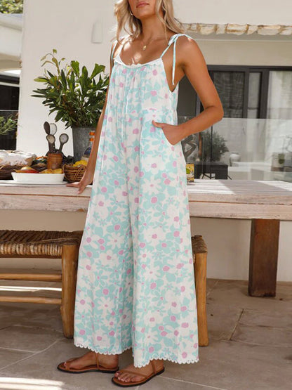 Printed Wide Leg Jumpsuit with Pockets