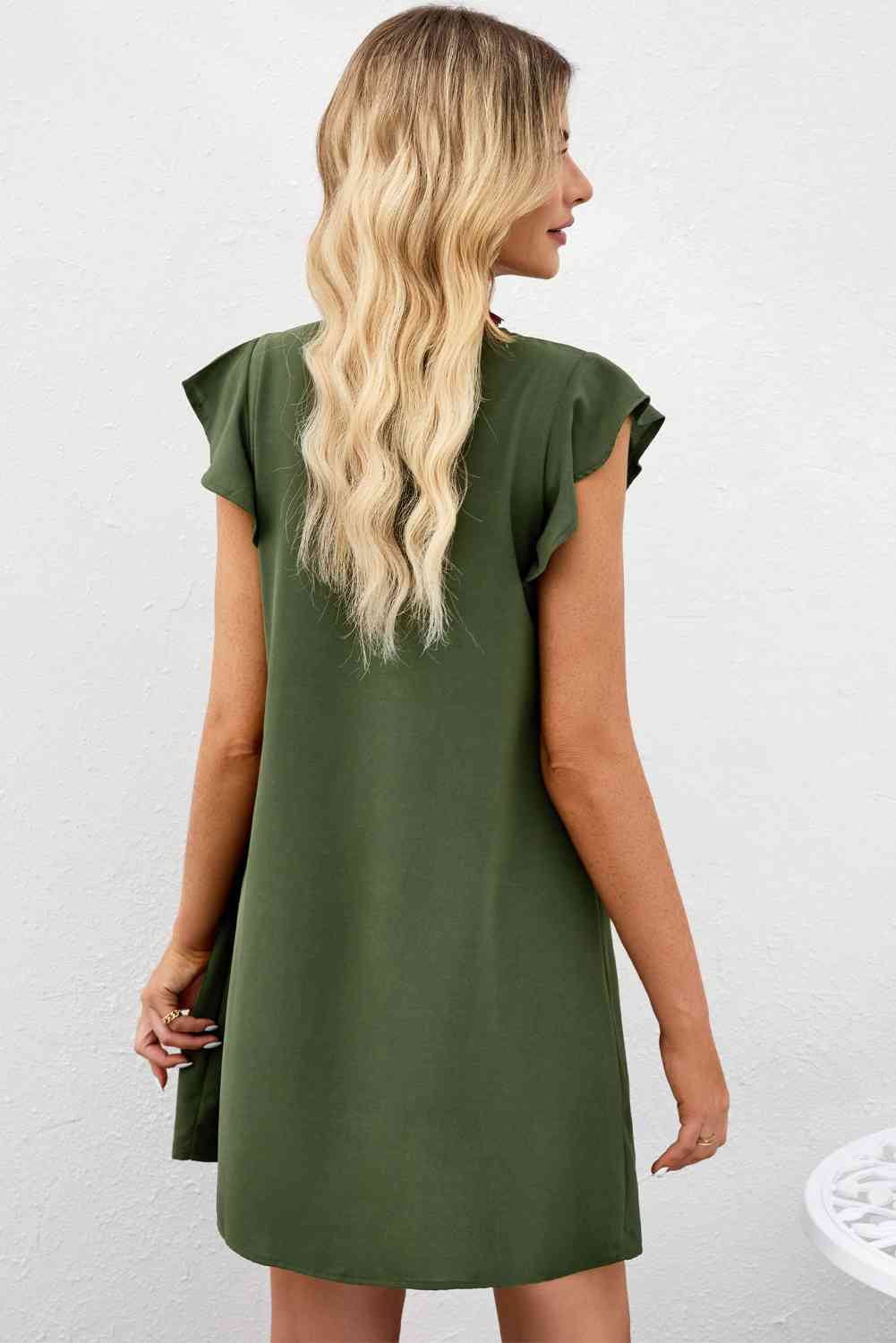 Tie Neck Flutter Sleeve Shift Dress