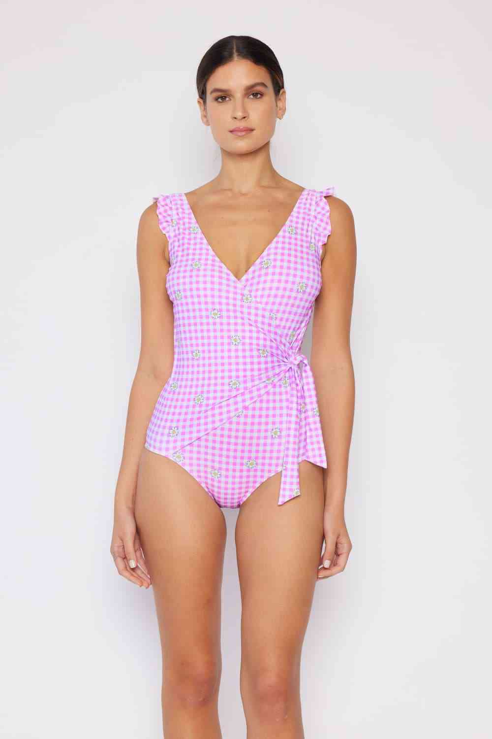 Float On Ruffle Faux Wrap One-Piece in Carnation Pink