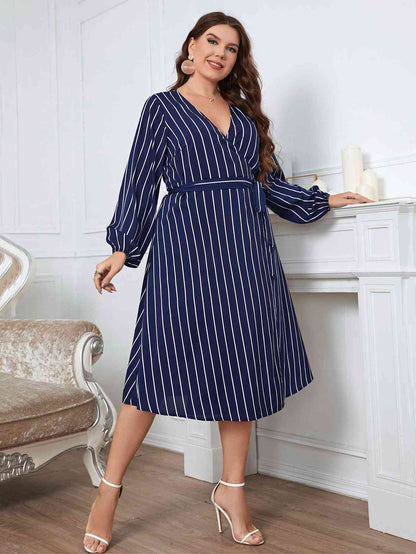 Striped Surplice Neck Long Sleeve Dress