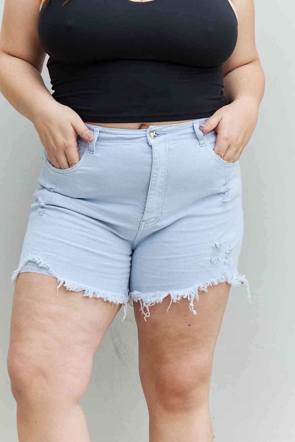 RISEN Katie  High Waisted Distressed Shorts in Ice Blue