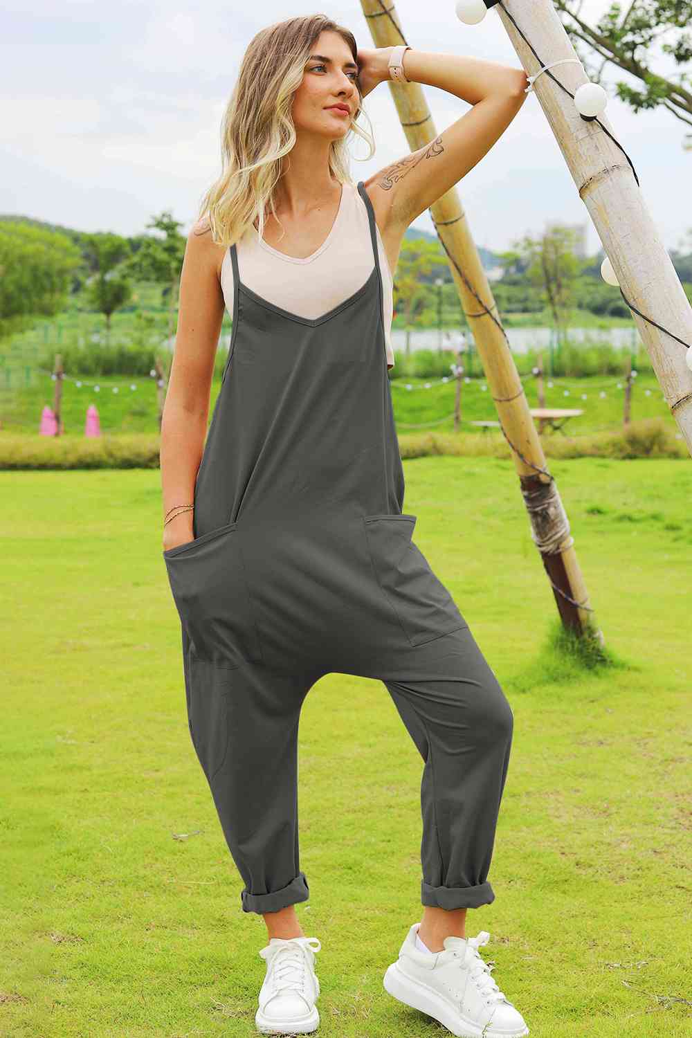 Sleeveless V-Neck Pocketed Jumpsuit