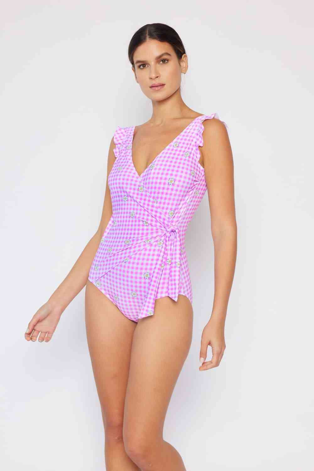 Float On Ruffle Faux Wrap One-Piece in Carnation Pink