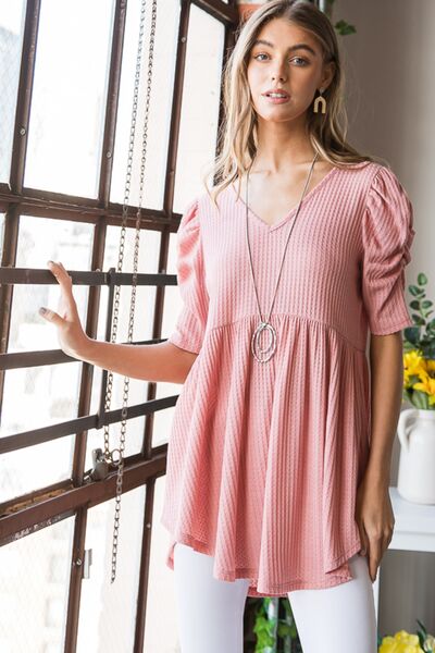 Yeah Baby Waffle Knit V-Neck Babydoll Top