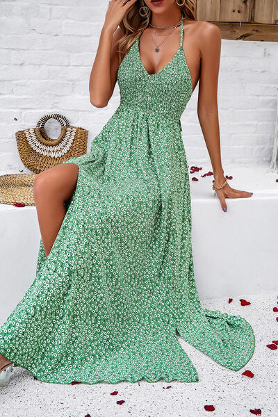 You want me Smocked Slit Tied Printed Dress