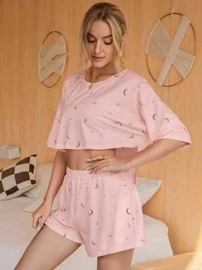 Moon Print T-Shirt and Shorts Lounge Set