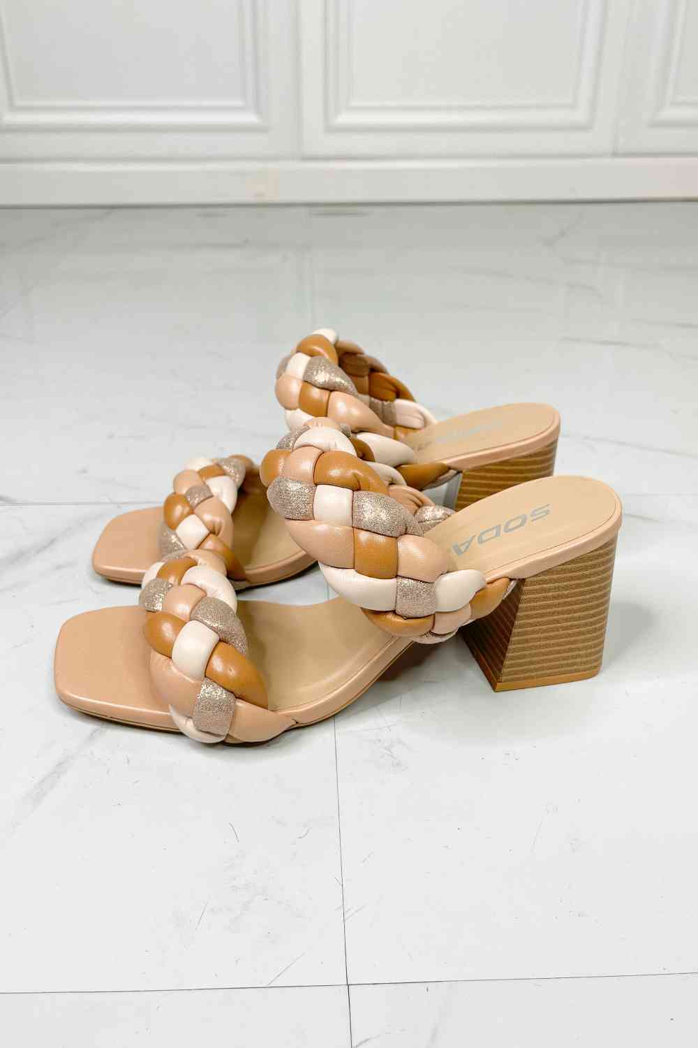 Interwoven Ideas Braided Strap Block Heel Slide Sandal in Nude