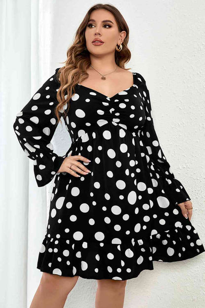 Polka Dot Sweetheart Neck Flounce Sleeve Mini Dress