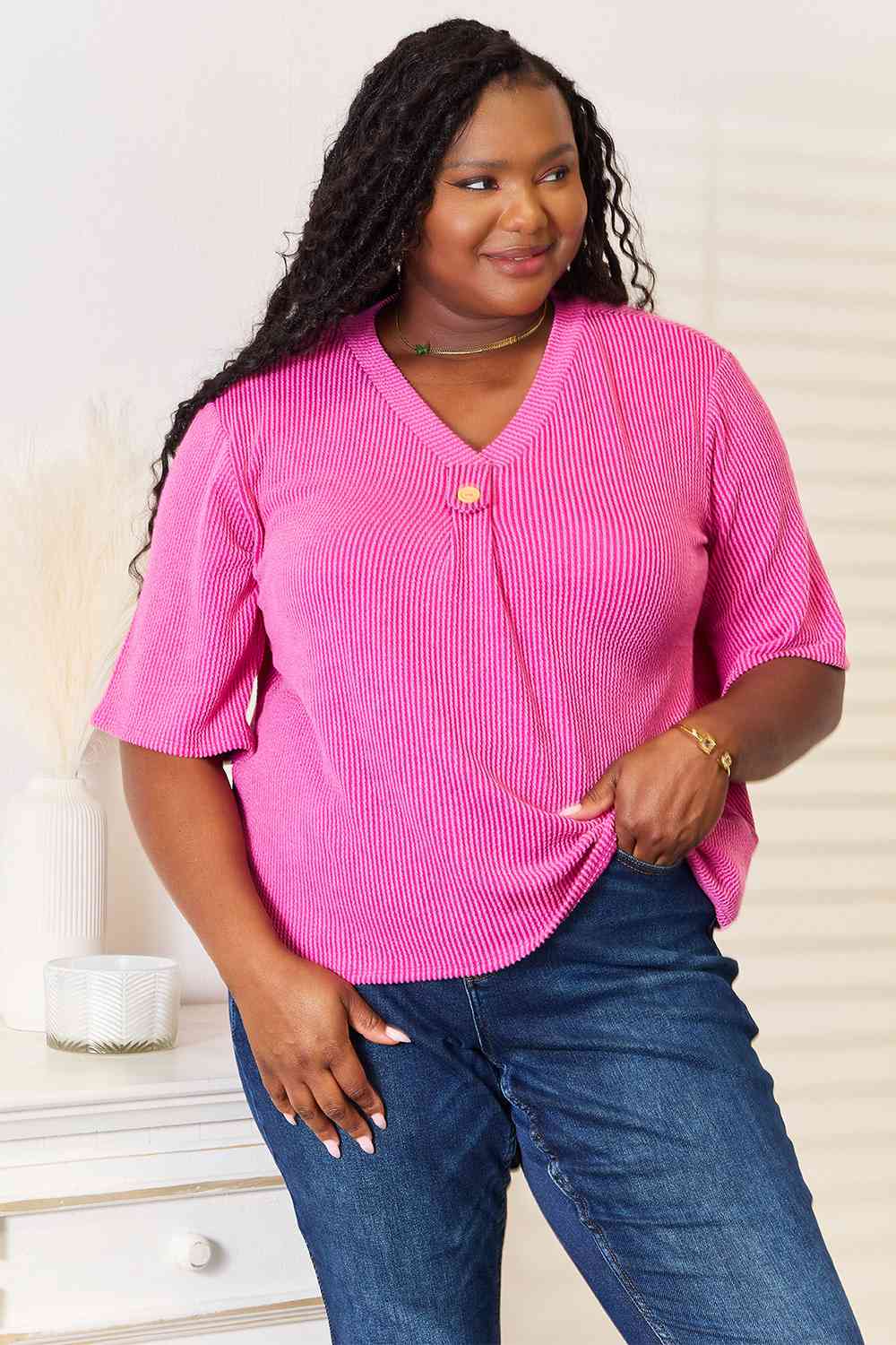 Ribbed V-Neck Short Sleeve Top