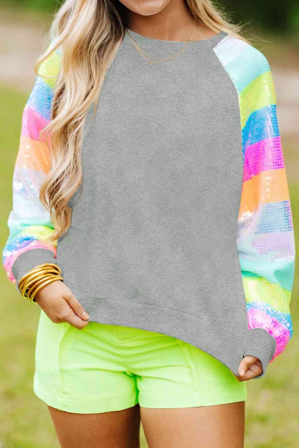 I Told You Sequin Round Neck Color Block  Sleeve Sweatshirt