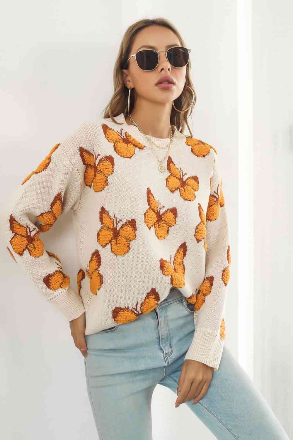 Flutter Butterfly Pattern Round Neck Dropped Shoulder Sweater