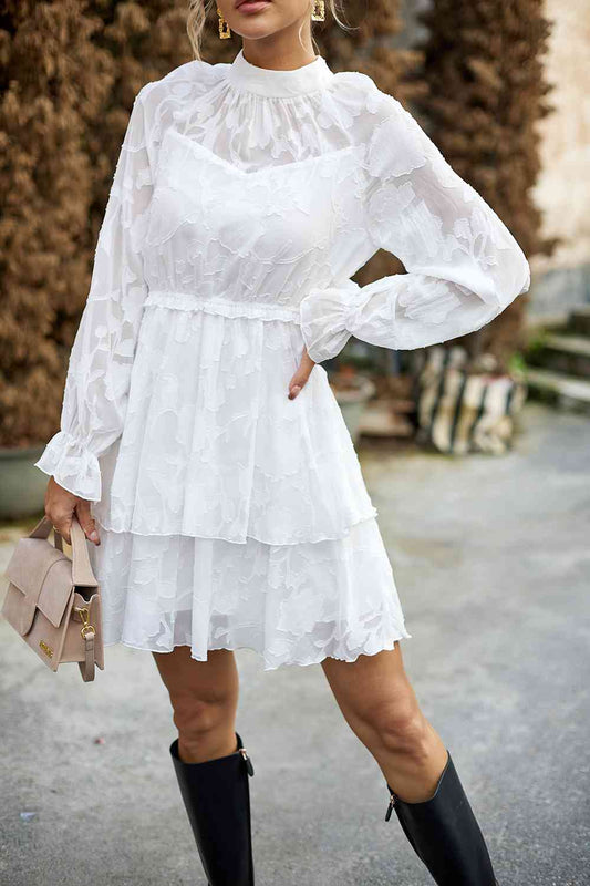 Fancy Enough Mock Neck Flounce Sleeve Layered Dress