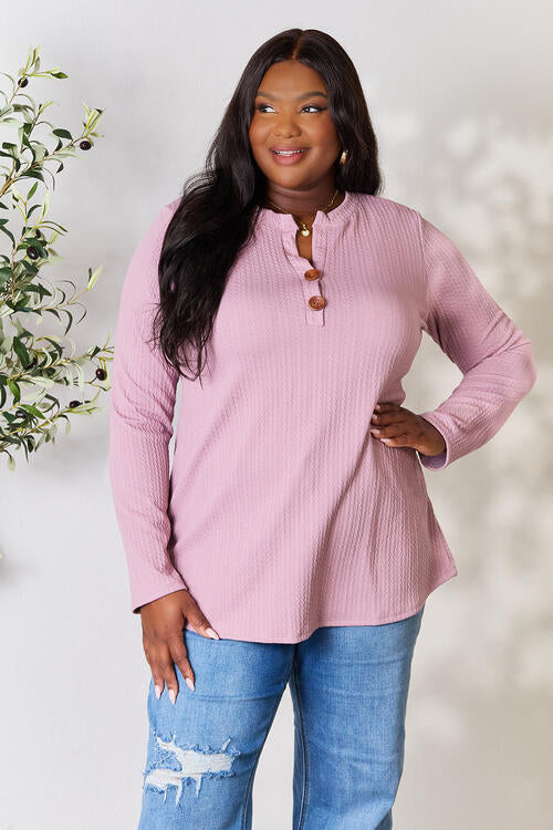 Texture Half Button Long Sleeve Blouse