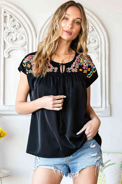 Embroidered Tie-Neck Tassel Blouse