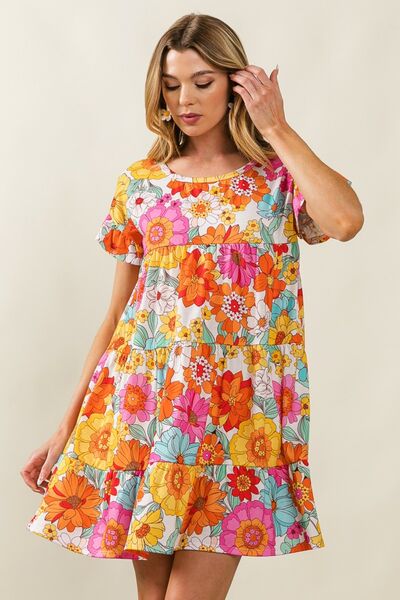 Floral Short Sleeve Tiered Dress