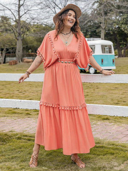 Flatter Me  Tassel Trim V-Neck Short Sleeve Ruffle Hem Dress