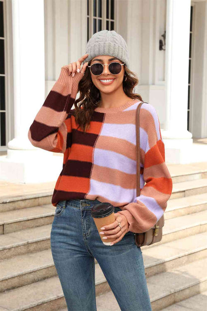 Showing Up Round Neck Long Sleeve Color Block Dropped Shoulder Pullover Sweater