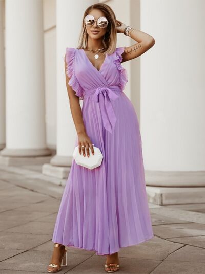 You’ve Got Flare Tied Surplice Cap Sleeve Pleated Dress