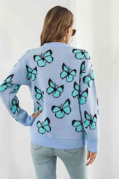 Flutter Butterfly Pattern Round Neck Dropped Shoulder Sweater