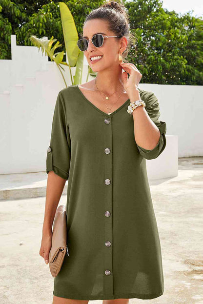 Buttoned V-Neck Dress