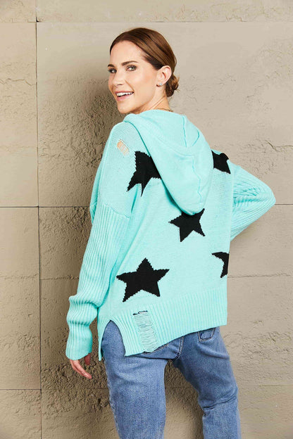 Star Distressed Slit Hooded Sweater