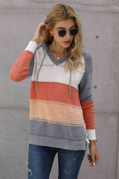 Full Size Color Block Knitted Hoodie