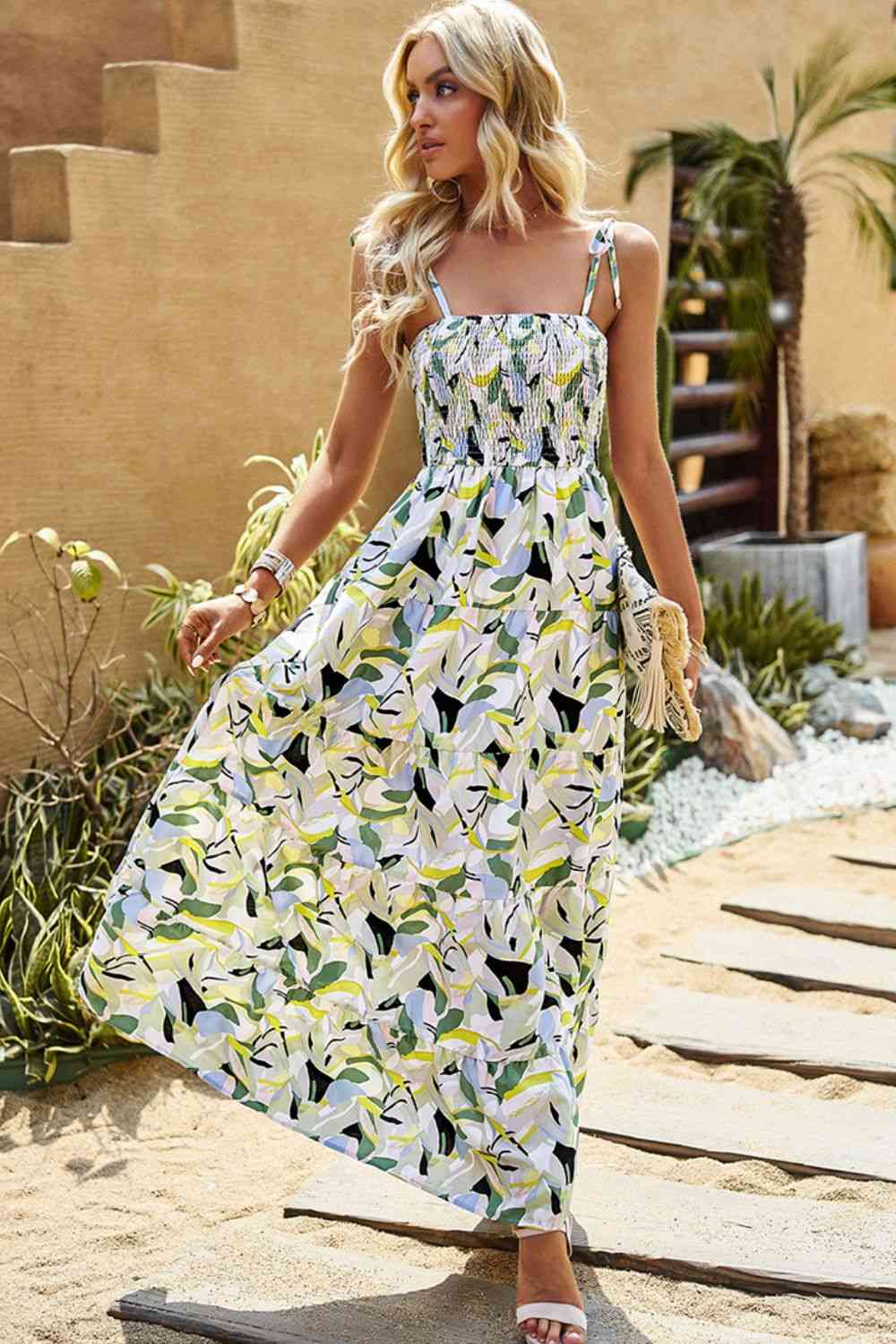 Printed Tie-Shoulder Smocked Maxi Dress