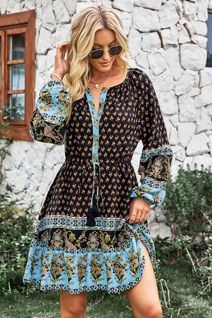 Bohemian Drawstring Waist Balloon Sleeve Dress