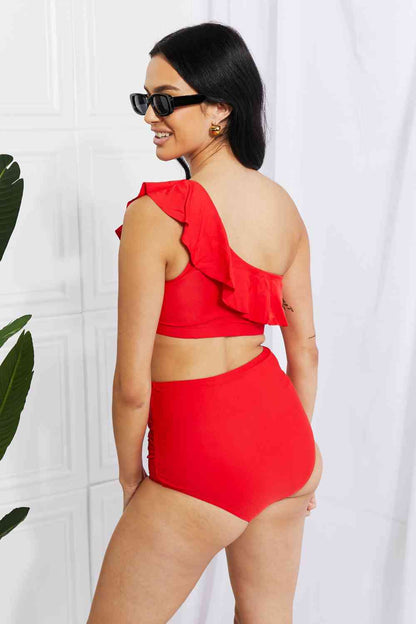 Swim Seaside Romance Ruffle One-Shoulder Bikini in Red