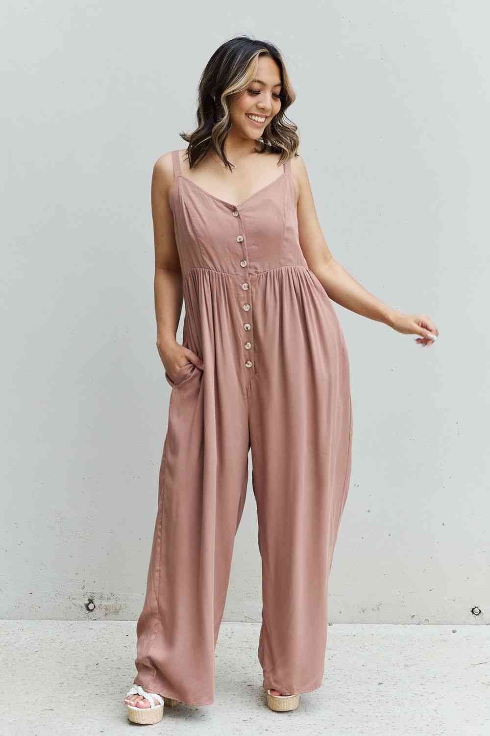 Wide Leg Button Down Jumpsuit in Mocha