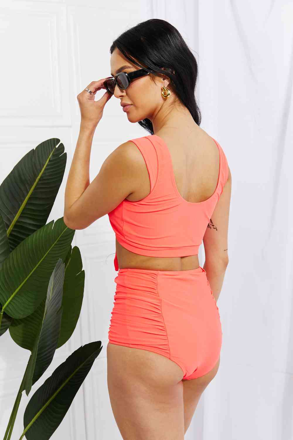 Swim Sanibel Crop Swim Top and Ruched Bottoms Set in Coral