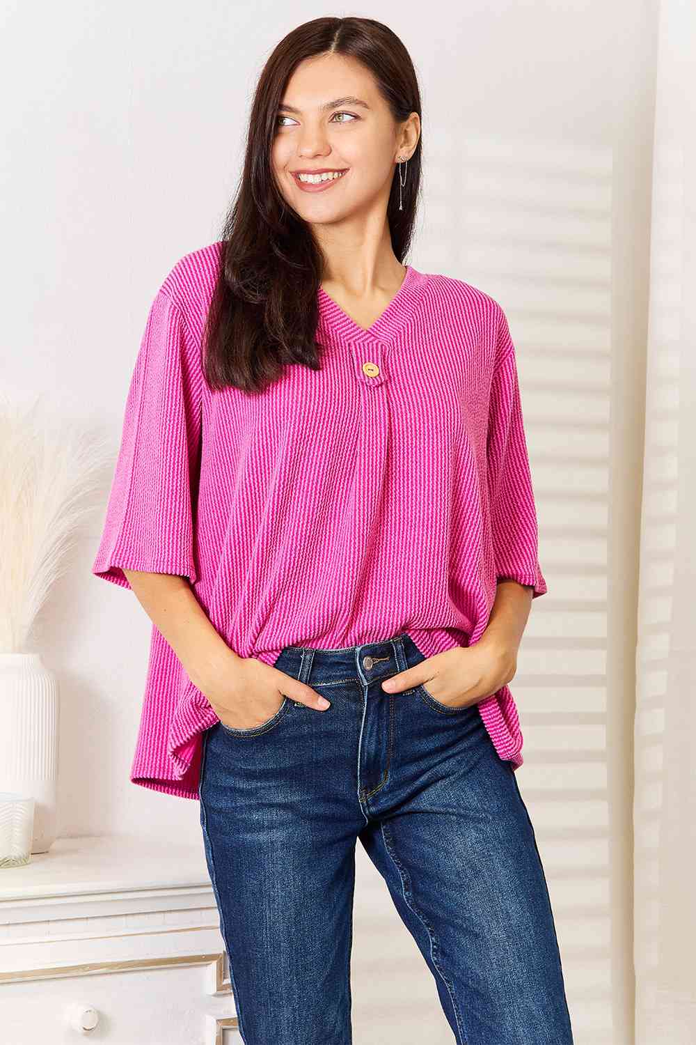 Ribbed V-Neck Short Sleeve Top