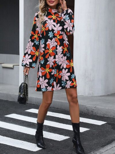 Floral Mock Neck Balloon Sleeve Dress