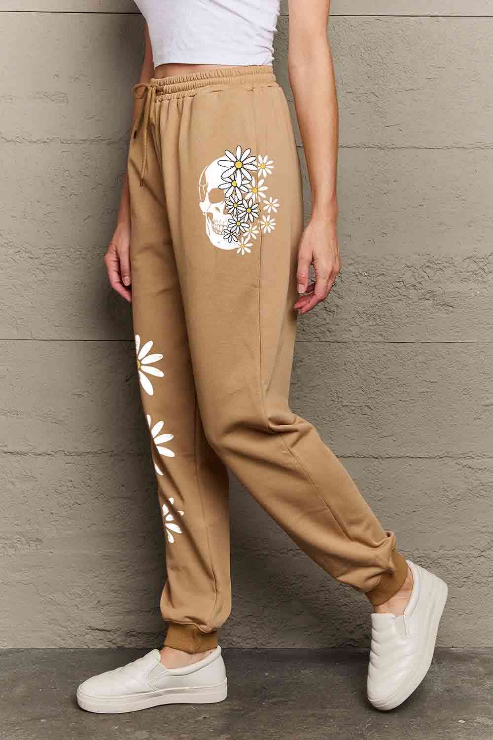 Drawstring Flower & Skull Graphic Long Sweatpants