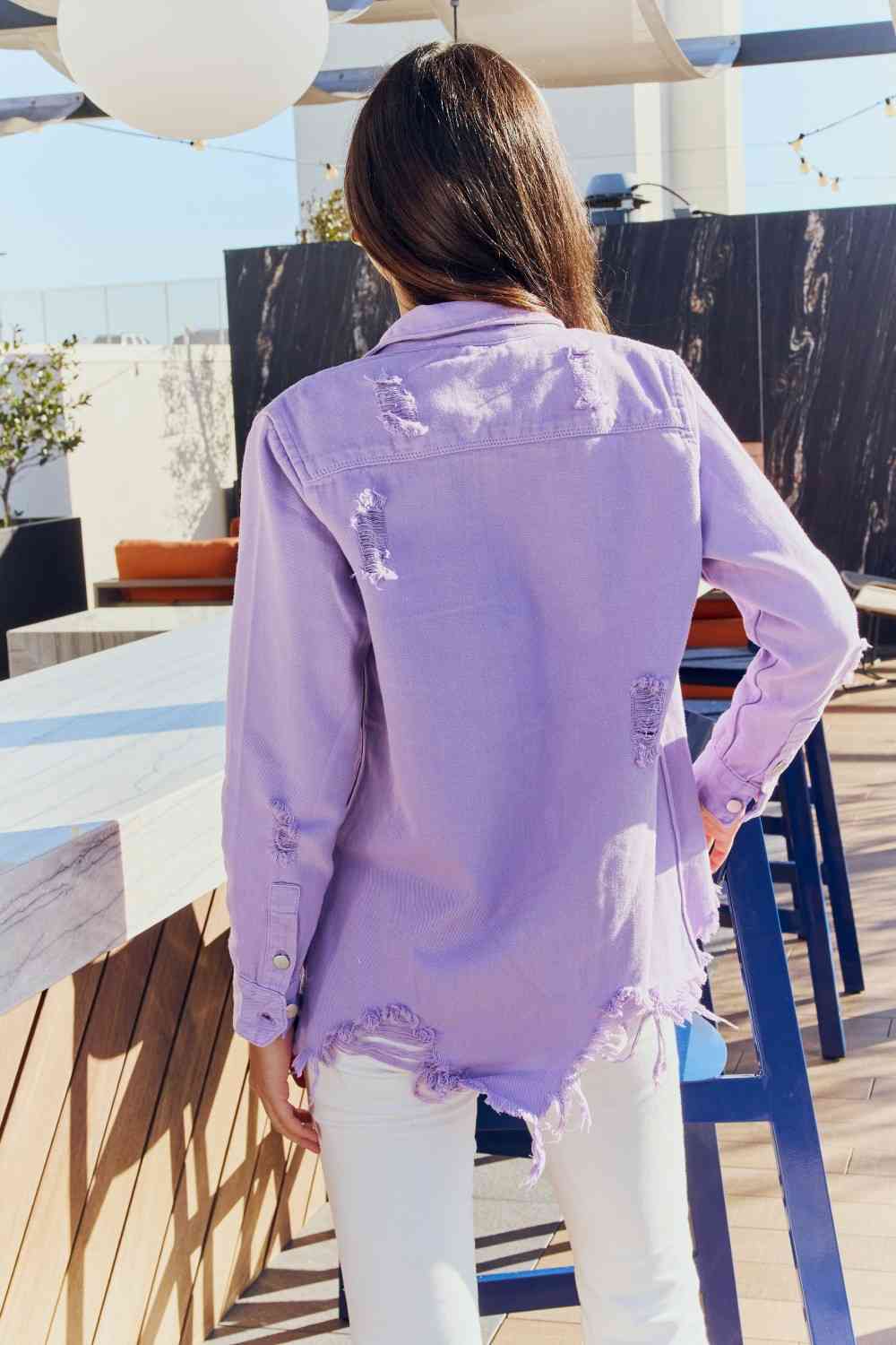 On Or Off Set Distressed Button Down Denim Jacket in Lavender