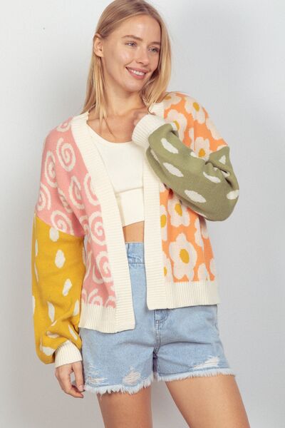 Color Block Open Front Long Sleeve Cardigan