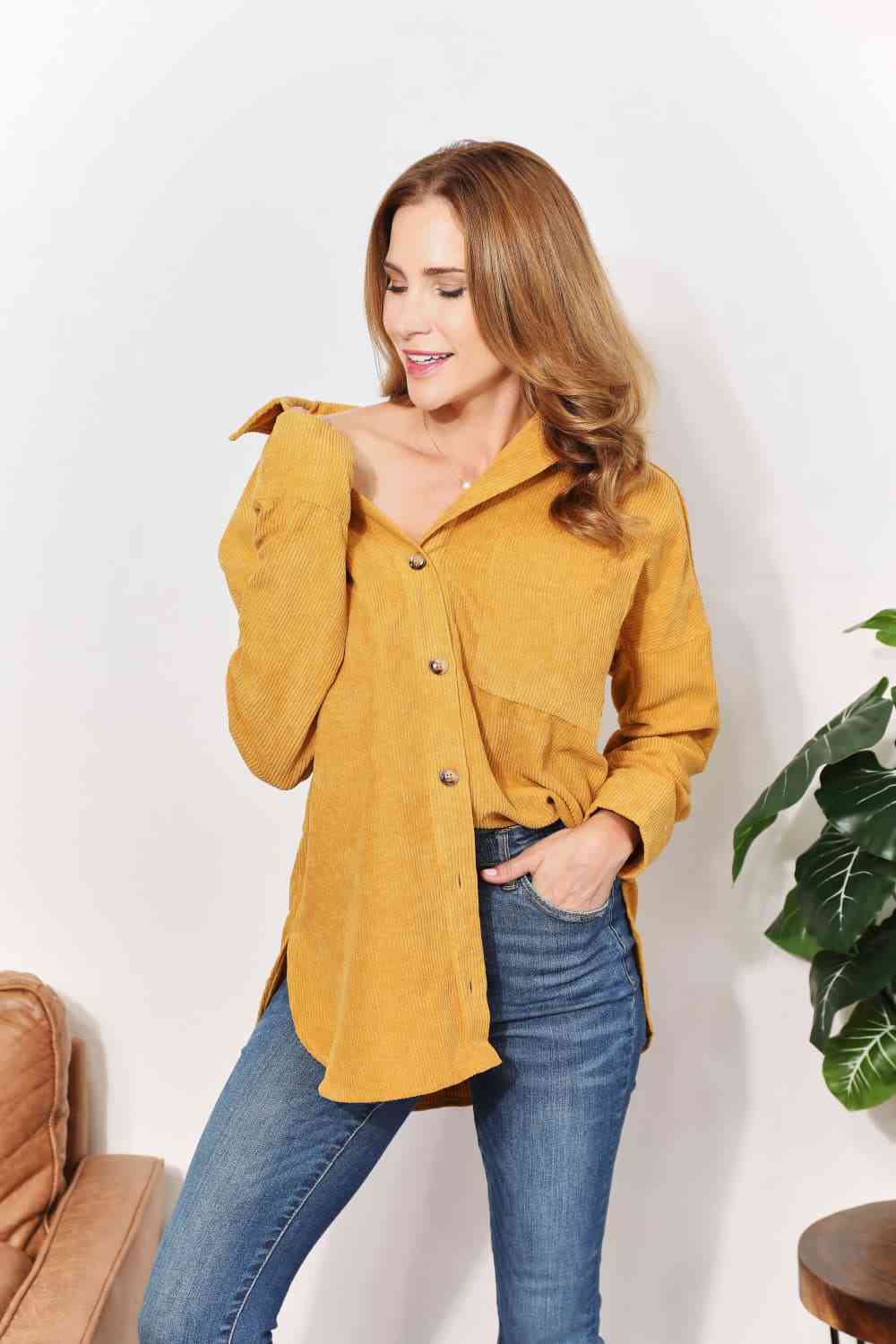 Oversized Corduroy  Button-Down Tunic Shirt with Bust Pocket