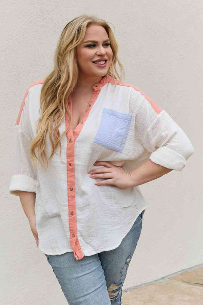 Color Block Woven Button Down Top