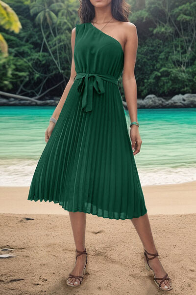 Hey Girl Pleated Single Shoulder Tie Waist Midi Dress