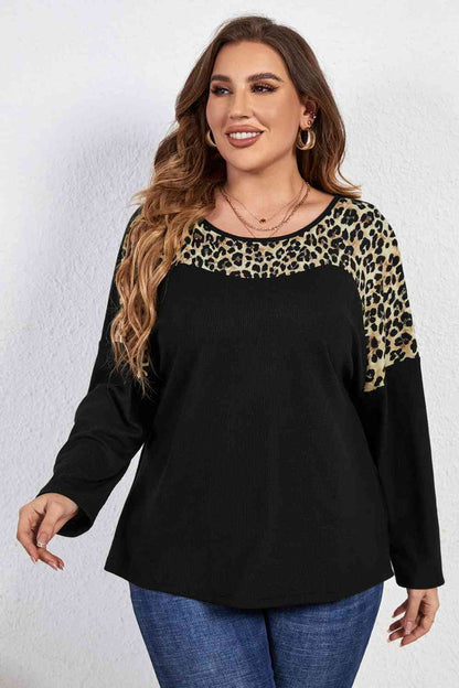 Leopard Trim Round Neck Long Sleeve Tee