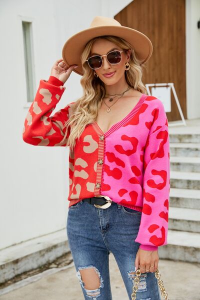 Leopard Button Up Dropped Shoulder Cardigan