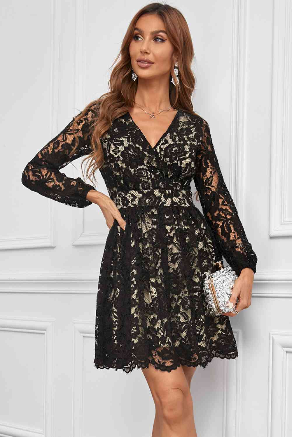 Long Sleeve Surplice Neck Lace Dress