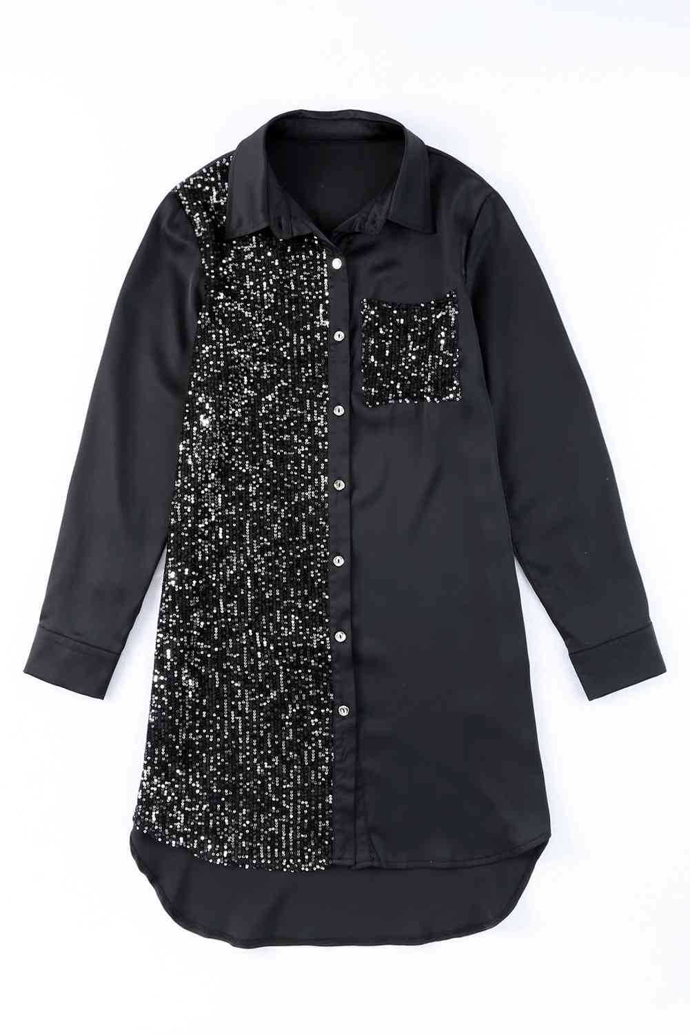 Lets Go Sequin Button Front High-Low Shirt Dress