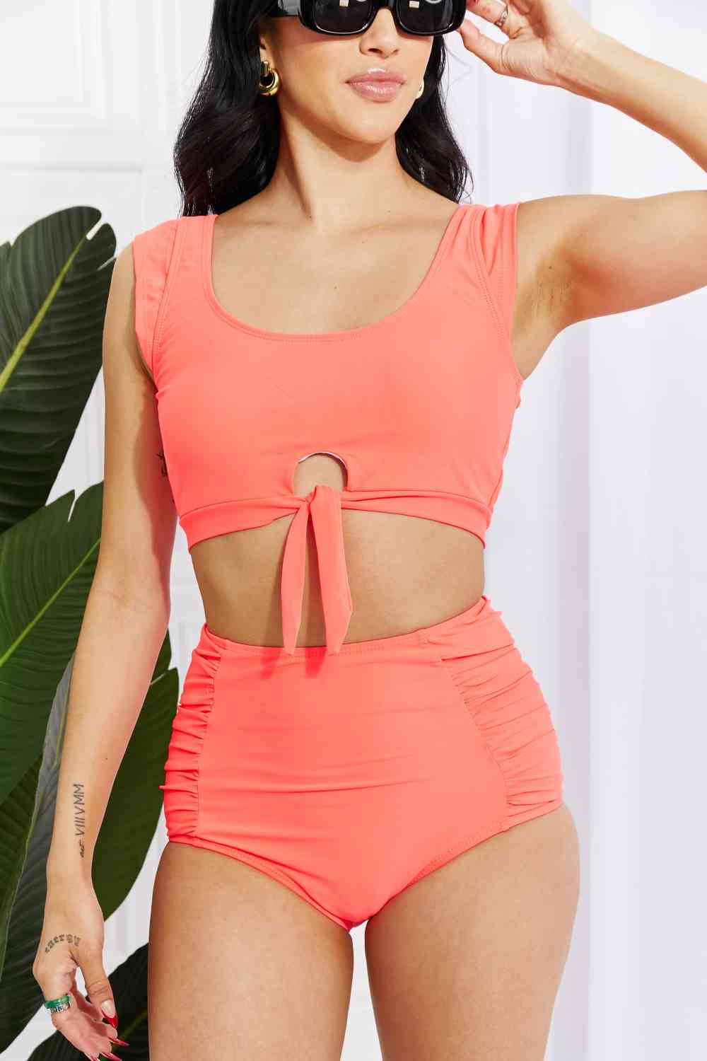 Swim Sanibel Crop Swim Top and Ruched Bottoms Set in Coral