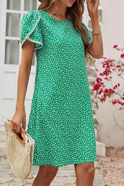 Floral Pom Pom Detail Petal Sleeve Dress