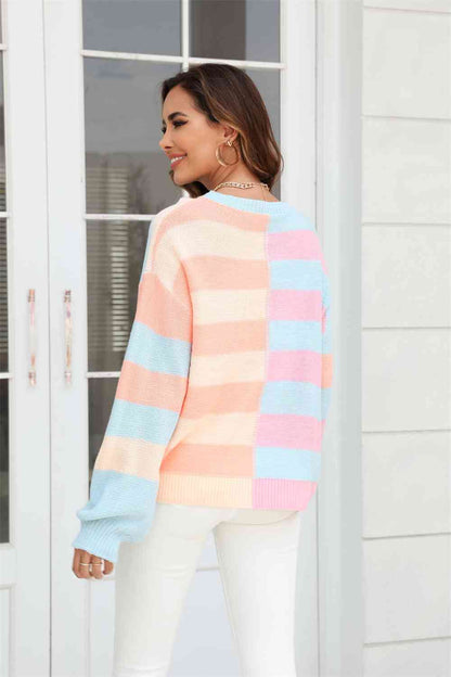 Showing Up Round Neck Long Sleeve Color Block Dropped Shoulder Pullover Sweater