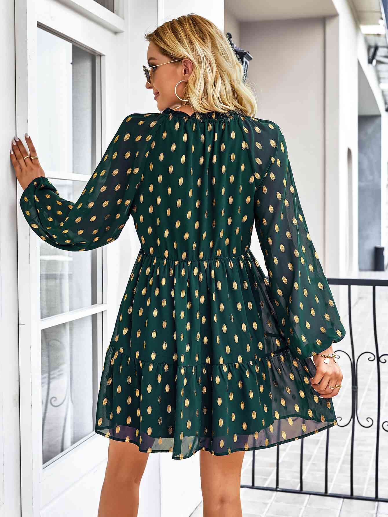 Don’t Even Ask Dotted Tie-Neck Frill Trim Tiered Dress