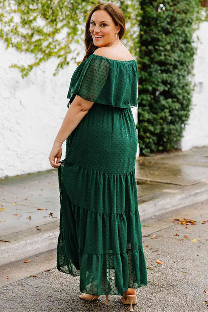 Plus Size Swiss Dot Off-Shoulder Tiered Dress